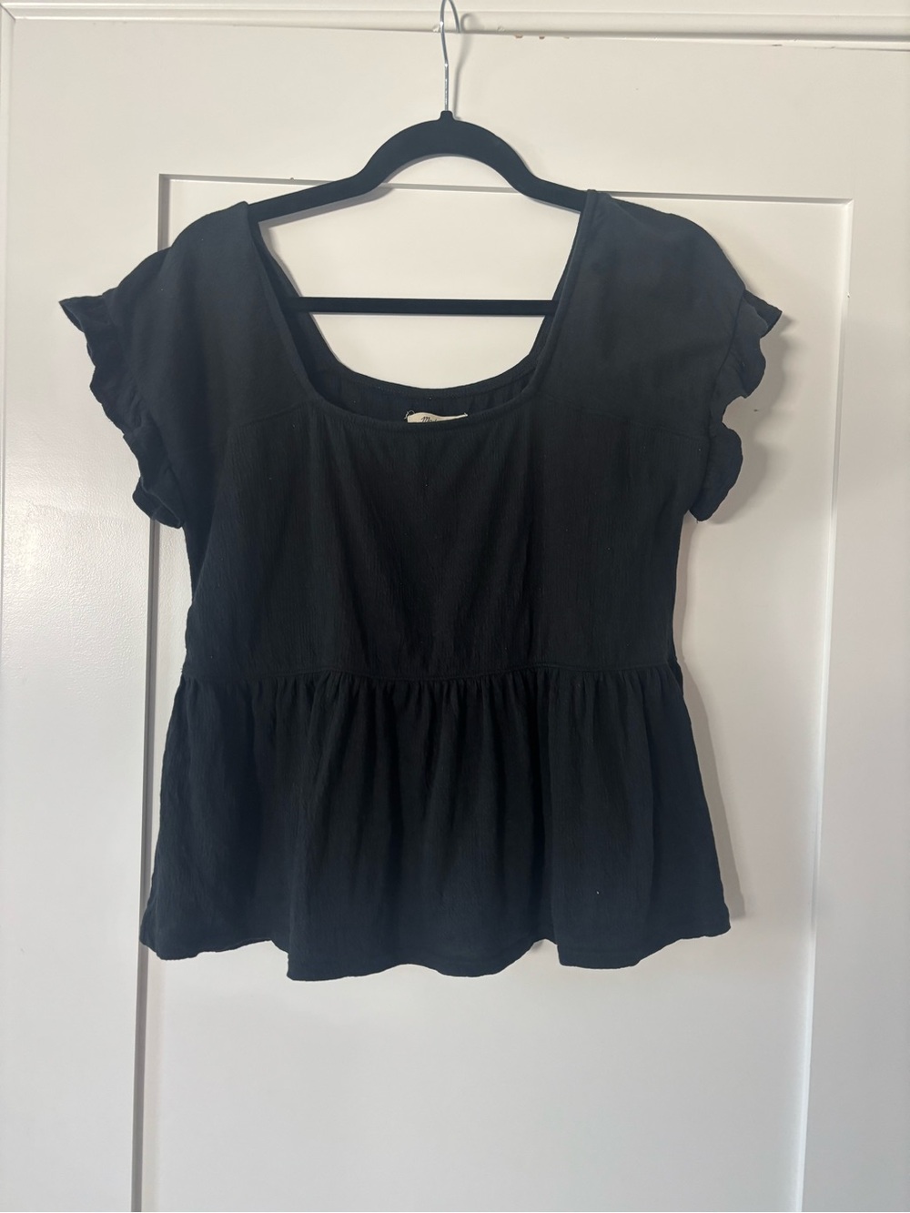 Madewell Black Textured Peplum Top Flutter Sleeve Square Neck XS